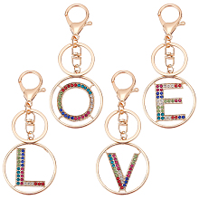 WADORN 4Pcs 4 Styles Alloy Colorful Rhinestone Keychain, with Key Rings and Lobster Claw Clasps, Light Gold, Flat Round with Letter L/O/V/E, Light Gold, 11cm, Pendant: 48.5x44x2.4mm, 1pc/style