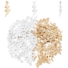 HOBBIESAY 100Pcs 2 Colors Brass Charms, Lightning, Golden & Silver, 12x4x0.5mm, Hole: 1mm, 50pcs/color