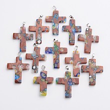 Honeyhandy Cross Handmade Millefiori Glass Pendants, with Platinum Tone Brass Findings, Camel, 42~46x29~33x4~6mm, Hole: 4x5mm