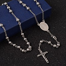 Honeyhandy Crucifix Cross 304 Stainless Steel Rosary Bead Necklaces, For Easter, Stainless Steel Color, 27.6 inch(70cm)