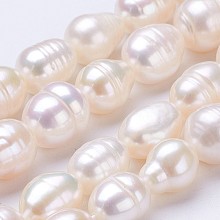 Honeyhandy Grade AA Natural Cultured Freshwater Pearl Beads Strands, Rice, Seashell Color, 9~11x8~9mm, Hole: 0.5mm, about 35~36pcs/strand, 14 inch