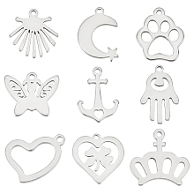 DICOSMETIC 90Pcs 9 Styles Crown Pendants Stainless Steel Anchor Heart Charms Hamsa Hand Charms Butterfly Pendants Dogs Paw Print Charms Mixed Shape Bulk Pendants for DIY Jewelry Making