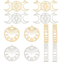 AHANDMAKER 12 Pcs Mixed Color 201 Stainless Steel Sun & Moon Pattern Charms Pendants, 3 Styles Hollow Carved Geometric Pattern Pendants, for Necklace Bracelet Jewelry Making