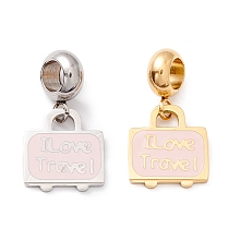 Honeyhandy 304 Stainless Steel European Dangle Charms, Large Hole Pendants, with Enamel, Bag & Word I Love Travel, Golden & Stainless Steel Color, 22mm, Hole: 4.5mm