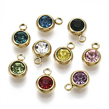 Honeyhandy 4Pcs PVD Vacuum Plating 303 Stainless Steel Rhinestone Charms, Birthstone Charms, Flat Round, Real 18K Gold Plated, Mixed Color, 8.5x6x3mm, Hole: 1.5mm