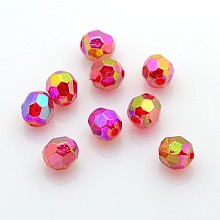 Honeyhandy Eco-Friendly Transparent Acrylic Beads, Faceted, Round, AB Color, Red, 8mm, Hole: 1.5mm, about 2000pcs/500g