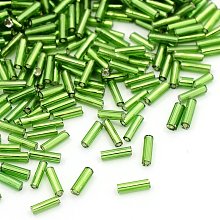 Honeyhandy Glass Bugle Beads, Silver Lined, Lime Green, 6~8x1.8mm, Hole: 0.6mm, 10000pcs/pound