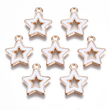 Honeyhandy Alloy Enamel Pendants, Star, Light Gold, White, 16x14x2mm, Hole: 1.6mm