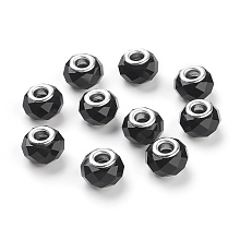 Honeyhandy Handmade Glass European Beads, Large Hole Beads, Silver Color Brass Core, Black, 14x8mm, Hole: 5mm