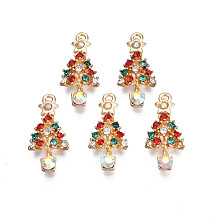 Rack Plating Alloy Pendants, with Colorful Rhinestone, Cadmium Free & Nickel Free & Lead Free, Christmas Tree, Light Gold, 21x12.5x4mm, Hole: 1.6mm