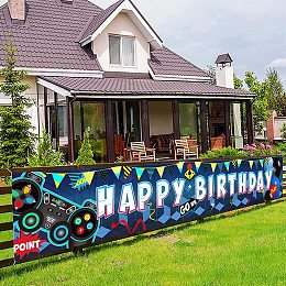 FINGERINSPIRE 118x20inch Video Game Background Birthday Banner with Hanging Rope Party Supplies Rectangle Polyester Hanging Sign with Gamepad Pattern for Outdoor & Indoor Decor