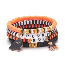 Honeyhandy 4Pcs 4 Style Polymer Clay Heishi Surfer Stretch Bracelets Set with Word Spooky Boo Acrylic Beads, Halloween Ghost & Castle Alloy Enamel Charm Bracelets for Women, Orange, Inner Diameter: 2-1/4 inch(5.7cm), 1Pc/style