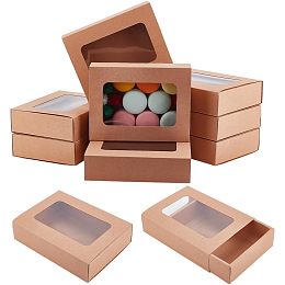 BENECREAT 10 Packs 7.3x5.67x1.77inch Folding Kraft Paper Gift Boxes, Rectangle Cardboard Jewelry Gift Drawer Boxes with PVC Window for Birthday Party Favor Treats Bakery and Candy