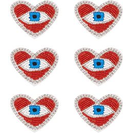 WADORN 6pcs Heart Beaded Patches, Rhinestone Heart Evil Eyes Applique Patch Sew on Patches DIY Decorative Applique Embellishments Patches for Clothing Jeans Jackets Shoes Handbag, Red