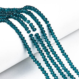 Honeyhandy Glass Beads Strands, Faceted, Rondelle, Dark Cyan, 4x3mm, Hole: 0.4mm, about 123~127pcs/strand, 16.5~16.9 inch(42~43cm)