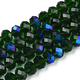 Honeyhandy Electroplate Glass Beads Strands, Half Rainbow Plated, Faceted, Rondelle, Dark Green, 4x3mm, Hole: 0.4mm, about 113~115pcs/strand, 41~42cm