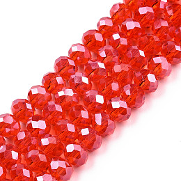 Electroplate Glass Beads Strands, Pearl Luster Plated, Faceted, Rondelle, Red, 6x5mm, Hole: 1mm, about 85~88pcs/strand, 16.1~16.5 inch(41~42cm)