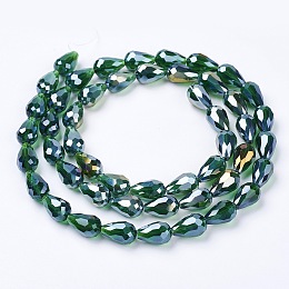 Honeyhandy Electroplate Glass Beads Strands, AB Color Plated, Faceted Teardrop, Dark Green, 15x10mm, Hole: 1mm, 50pcs/strand, 27.1 inch