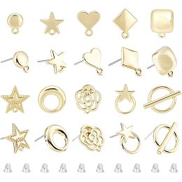 CHGCRAFT 40Pcs Star Flower Heart Flat Round Alloy Stud Earring Findings Ear Studs Earring Posts with Loop Steel Pins and 50Pcs Plastic Ear Nuts