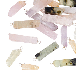 Arricraft 20Pcs Natural Mixed Quartz Pendants, Twisted with Silver Tone Copper Wire, Rectangle Charm, 35.5~53x9~11x6~8.5mm, Hole: 3~4mm