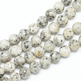 Honeyhandy Natural Sesame Jasper/Kiwi Jasper Bead Strands, Round, WhiteSmoke, 8~9mm, Hole: 1mm, about 46~47pcs/strand, 14.9~15.1 inch