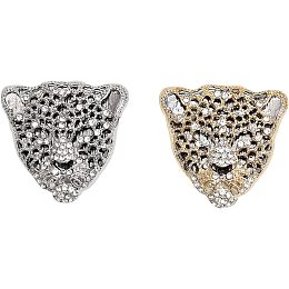 CHGCRAFT 2Pcs 2 Colors Vintage Black Enamel Spotted Leopard Head Rhinestone Crystal Animal Brooch Pin Rhinestone Leopard Brooch Pin Alloy Animal Badge for Backpack Clothes, Platinum & Light Gold