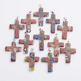 Honeyhandy Cross Handmade Millefiori Glass Pendants, with Platinum Tone Brass Findings, Camel, 42~46x29~33x4~6mm, Hole: 4x5mm