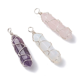 Honeyhandy Natural Gemstone Double Terminated Pointed Pendants, with Platinum Tone Copper Wire Wrapped, Bullet, 38.5~40.5x10.5x10.5mm, Hole: 3.5~4mm