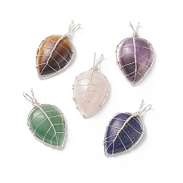 Honeyhandy Natural Gemstone Pendants, Leaf Charm, Natural Amethyst & Lapis Lazuli & Tiger Eye & Green Aventurine & Rose Quartz, with Eco-Friendly Copper Wire Wrapped, Silver, 37.5x20x10mm, Hole: 6x4mm, 5pcs/set