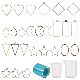 PandaHall Elite Resin Jewelry Making Kit, 50 pcs 9 Shapes Open Frame Bezels Hollow Frame Pendants, 50ml 100ml Measuring Cups Seamless with Tape for DIY Resin Crafts Charms Necklaces Earrings