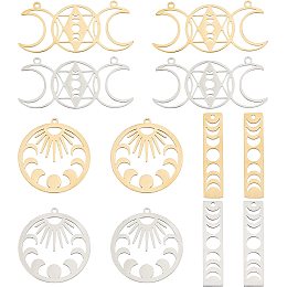 AHANDMAKER 12 Pcs Mixed Color 201 Stainless Steel Sun & Moon Pattern Charms Pendants, 3 Styles Hollow Carved Geometric Pattern Pendants, for Necklace Bracelet Jewelry Making