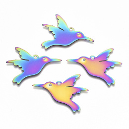 Honeyhandy Ion Plating(IP) 201 Stainless Steel Pendants, Etched Metal Embellishments, Hummingbird, Rainbow Color, 24x32x0.3mm, Hole: 2mm