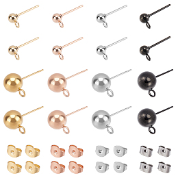 Unicraftale 16Pcs 8 Style 304 Stainless Steel Ball Stud Earring Findings, with Loop, 16Pcs Brass & Iron & 304 Stainless Steel Ear Nuts/Earring Backs, Mixed Color, 15~20x7~11x4~8mm, Hole: 1.7~2mm, Pin: 0.7~0.8mm, 2Pcs/style