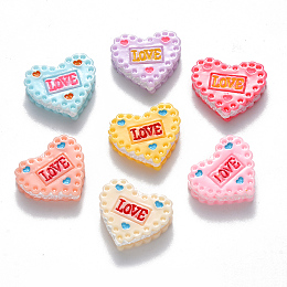 Honeyhandy Resin Cabochons, for Valentine's Day, Heart Shaped Biscuit, with Word LOVE, Mixed Color, 16x19x5~6mm