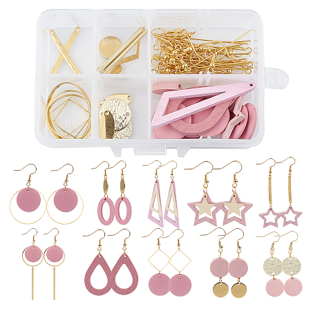 SUNNYCLUE DIY Pink Style Dangle Earrings Making Kits, include Wood Pendants & Beads, Brass Earring Hooks, Metal Findings, Golden, 55.5x15.5x3mm, Hole: 1.2mm