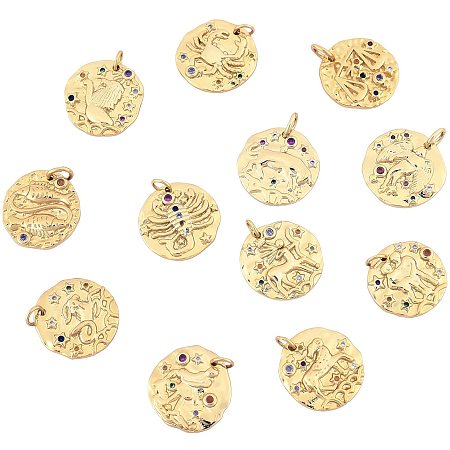 PANDAHALL ELITE Brass Micro Pave Cubic Zirconia Pendants, with Jump Rings, Flat Round with Twelve Constellation, 14~15x2mm, Hole: 3mm; 12constellations, 1pc/constellation, 12pcs/box