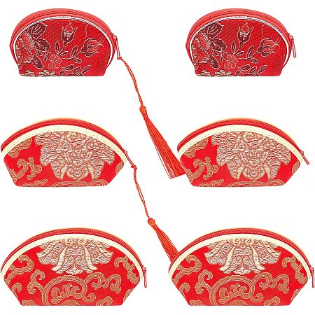 NBEADS 6 Pcs 3 Styles Red Jewelry Pouches with Tassels and Zipper, 3 Sizes Flower Embroidered Bags Chinese Silk Pouches Wrapping Bags Zippered Purses Bag for Jewelry Packaging Wedding Party Favors