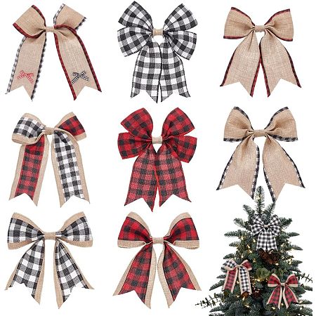 AHANDMAKER 8Pcs Buffalo Plaid Burlap Bows, 8 Style Tartan Pattern Christmas Tree Topper Bows Large Rustic Farmhouse Bow Decorative Wreath Bow for Xmas Craft Gift Home Fall Wedding Decor, 7.3x8.9inch