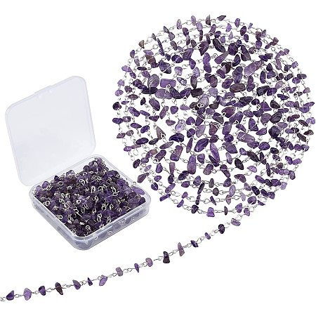 SUNNYCLUE 3 Strands 39.4inch Handmade Natural Amethyst Chips Beads Chains Rosary Chip Beads Chain with Iron Eye Pin for Necklaces Bracelets Making