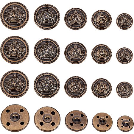 OLYCRAFT 50 Pcs Metal Blazer Button 4-Hole Brass Buttons 15mm 18mm 20mm 23mm 25mm Diameter Half Round Buttons with Badge for Blazer Suits Sport Coat Uniform Jacket - Antique Bronze