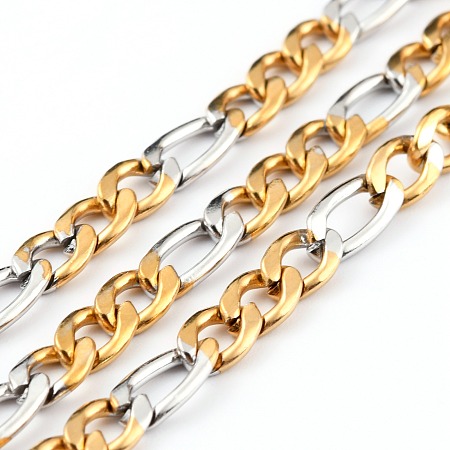 Honeyhandy 304 Stainless Steel Figaro Chains, with Spool, Unwelded, Golden & Stainless Steel Color, 6x4x1.5mm, 8x4x1.5mm, 32.8 Feet(10m)/roll