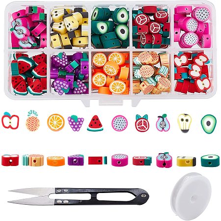 SUNNYCLUE 200Pcs 10 Style Handmade Fruit Polymer Clay Beads Smile Face Beads Loose Polymer Clay Beads with 1 Roll Crystal Thread & Scissors for DIY Handmade Jewelry Making Bracelets Necklace