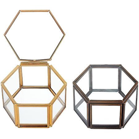 OLYCRAFT 2pcs Vintage Glass Jewelry Box Hexagon Glass Jewelry Display Organizer for Earrings Ring Bracelet Display and Storage Mixed Color