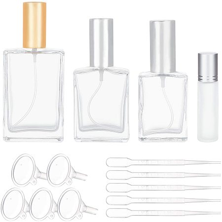 BENECREAT 3Pcs Square Glass Perfume Spray Bottles and 1Pc Glass Essential Oil Roller Bottle, Including Funnel, Hopper and Dropper for Perfume, Colognes, and Aromatherapy Sprays
