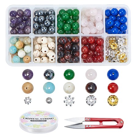 DIY Stretch Bracelets Making Kits, include Gemstone Round Beads, Stainless Steel Scissors, Elastic Crystal Thread, Brass Rhinestone & Alloy Spacer Beads, Mixed Color, Gemston: 8mm, Hole: 0.8~1.5mm, about 216pcs/set