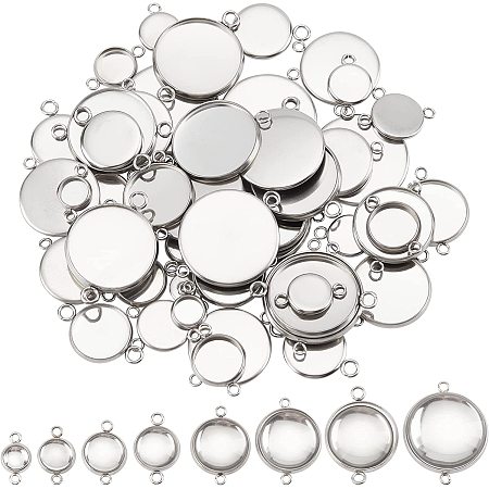 DICOSMETIC 64pcs 8 Sizes Stainless Steel Flat Round Pendant Trays Cabochon Connector Settings Plain Edge Bezel Cups with Transparent Glass Cabochons for Jewelry Making
