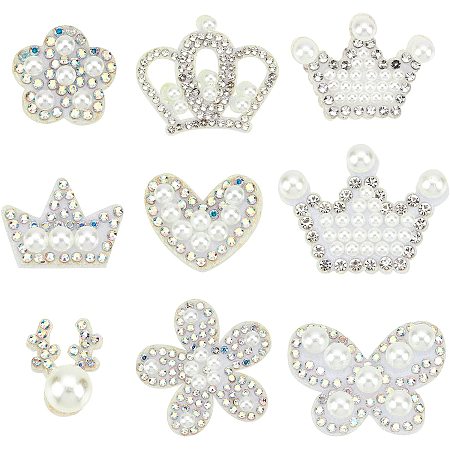 FINGERINSPIRE 36Pcs Shinny Rhinestone Patches, Crown & Flower & Heart & Antlers & Butterfly Shaped Imitation Pearl Beads Crystals Appliques Decorative Accessories for DIY Craft Clothing Repair