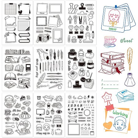 GLOBLELAND 9 Sheets Silicone Clear Stamps Seal for Card Making Decoration and DIY Scrapbooking(Calendar Planner, Clip, Book, Pen, Ink, Daily Life, Sweet Tea Time)