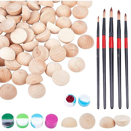 NBEADS 60 Pcs Half Wood Balls, Include 5 Pcs Wooden Paint Brushes Pens and 4 Pcs Silicone Boxes Unfinished Ornaments Balls for DIY Craft Projects Making Christmas Supplies