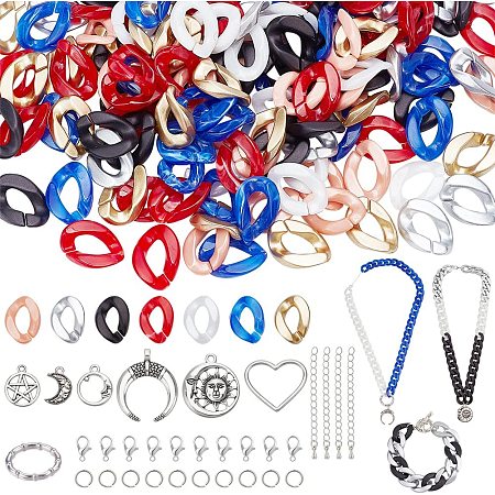 PandaHall Elite 282pcs Curb Chains Bracelet Making Kit Acrylic Chunky Statement Necklace Making Kit Link Chain Necklaces Accessories Chunky Chain Bracelet Making Kit for Summer Surfer Jewelry Making